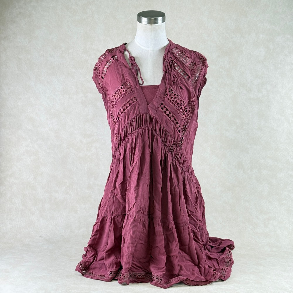 Lucky Brand Tunic‎ Dress XS Boho Lace Burgundy Sleeveless Layered w Slip